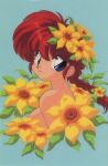  1980s_(style) 1girl aqua_background bangs blue_eyes braid braided_ponytail eyebrows_visible_through_hair flower genderswap genderswap_(mtf) hair_flower hair_ornament looking_at_viewer official_art portrait ranma-chan ranma_1/2 red_hair retro_artstyle simple_background single_braid smile solo 