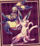  absurdres animal_focus argyle argyle_background artist_name black_eyes border brown_border claws colored_sclera commentary crossed_legs espeon fang finger_licking forehead_jewel full_body gen_2_pokemon hand_to_own_mouth happy heart highres legs_apart licking looking_at_viewer no_humans open_mouth outline pokemon pokemon_(creature) purple_background purple_sclera red_sclera riri_(riri_nasinasi) signature simple_background sitting skin_fang smile tongue tongue_out umbreon white_eyes white_outline 