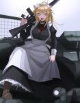  1girl alternate_costume animal_ears apron ar-15 arknights assault_rifle black_choker black_nails blonde_hair blush boots breasts brown_footwear candy choker commentary dress eyelashes food food_in_mouth frills gun hair_between_eyes hairband highres iuciferic large_breasts lion_ears lollipop long_dress long_hair long_sleeves maid maid_apron maid_headdress nail_polish open_mouth red_neckwear rifle siege_(arknights) solo studded_choker tank_top twitter_username victorian_maid weapon yellow_eyes 