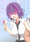  1boy 1girl :d between_breasts black_neckwear black_skirt breasts candy candy_cane commentary_request eyebrows_visible_through_hair food girls_frontline highres ice_cream ice_cream_cone large_breasts locked_arms multicolored_hair necktie necktie_between_breasts open_mouth purple_eyes purple_hair ripper_(girls_frontline) sangue_llia sangvis_ferri shirt short_hair skirt smile solo_focus streaked_hair upper_body visor white_shirt 
