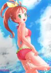  artist_name ass back bare_arms bare_legs bare_shoulders barefoot bikini blush bow breasts brown_hair cloud cloudy_sky commentary_request day dutch_angle frilled_bikini frills from_behind green_bikini green_eyes hair_bow hair_strand halterneck kasuga_rurito leg_up long_hair looking_at_viewer looking_back multicolored multicolored_bikini multicolored_clothes natsumi_manatsu ocean open_mouth outdoors partially_submerged pink_bikini precure shiny shiny_skin side_ponytail signature sky small_breasts smile splashing swimsuit swimwear tropical-rouge!_precure upper_teeth water water_drop yellow_bow 