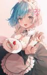  1girl :d apron bad_link bangs blue_hair blush breasts cake cake_slice cleavage detached_collar dress food fork frills fruit hair_ornament holding holding_plate holding_tray looking_at_viewer maid maid_headdress md5_mismatch open_mouth pink_ribbon plate re:zero_kara_hajimeru_isekai_seikatsu rem_(re:zero) ribbon roswaal_mansion_maid_uniform short_hair smile solo strawberry tray ttosom white_apron x_hair_ornament 
