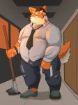  2021 anthro belly bottomwear bulge canid canine canis clothing domestic_dog fur hi_res humanoid_hands inside kemono male mammal morningbread16 necktie orange_body orange_fur overweight overweight_anthro overweight_male pants shirt solo topwear 