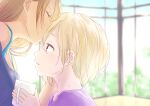  2girls blonde_hair brown_hair closed_eyes cup forehead_kiss highres idolmaster idolmaster_cinderella_girls kiss long_hair matsunaga_ryou meimei_color mug multiple_girls profile shirasaka_koume short_hair upper_body window 