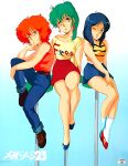  1980s_(style) 3girls bangs blue_hair blue_skirt clothes_writing denim earrings gradient gradient_background green_hair hand_on_own_thigh high_ponytail jeans jewelry leg_hug logo medium_hair megazone_23 multiple_girls official_art on_stool one_eye_closed open_mouth pants parted_lips red_skirt retro_artstyle shirt shirt_tucked_in short_hair sitting skirt sleeveless sleeveless_shirt stool striped striped_shirt tied_shirt 
