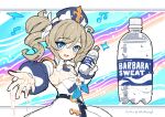  1girl barbara_(genshin_impact) blonde_hair blue_eyes bottle bow bowtie breasts dress drink genshin_impact hair_ornament hat hm_(hmongt) idol latin_cross outstretched_arm smile solo sweat twintails twitter_username water water_bottle wet 