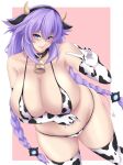  1girl animal_ears animal_print bare_shoulders bell blue_eyes blush braid breasts cow_print cowbell elbow_gloves gloves hair_between_eyes highres long_hair looking_at_viewer navel neptune_(series) power_symbol purple_hair purple_heart seshiro_(which501) smile solo symbol-shaped_pupils thighhighs twin_braids twintails v very_long_hair 