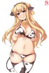  1girl alternate_costume animal_ears animal_print artist_logo ass_visible_through_thighs bell bikini blonde_hair blue_eyes breasts cleavage commentary_request covered_nipples cow_ears cow_horns cow_print cow_tail cowbell cowboy_shot dated double_bun ear_tag fake_animal_ears fake_horns fletcher_(kantai_collection) front-tie_top groin highres horns kanon_(kurogane_knights) kantai_collection large_breasts long_hair lowleg lowleg_bikini navel side-tie_bikini simple_background solo swimsuit tail thigh_gap thighhighs white_background white_legwear 