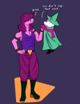  animal_humanoid anthro armband boots bottomwear bovid breasts caprine cleavage clothed clothing deltarune duo english_text footwear fur hat headgear headwear hi_res humanoid male mammal monster pants profanity ralsei scalie scalie_humanoid scarf shirt simple_background size_difference smaller_male standing susie_(deltarune) taller_female text topwear trickchord video_games white_body white_fur 