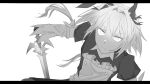  1boy absurdres animal_ears artist_request astolfo_(fate) astolfo_(saber)_(fate) black_bow bow bunny_ears commentary fang fate/grand_order fate_(series) greyscale hair_bow hair_intakes highres holding holding_sword holding_weapon long_hair long_sleeves looking_at_viewer low_twintails monochrome puffy_sleeves skin_fang solo sword twintails weapon wide_sleeves wing_collar 