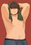  1boy armpits arms_up bara belly blue_male_underwear boxers brown_hair bulge facial_hair highres looking_at_viewer male_focus male_underwear muscular muscular_male navel navel_hair nipples original pectorals plump short_hair smile solo stubble tsuk8454 underwear underwear_only 