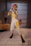  2:3 3d_(artwork) anthro box boxing_bandage canid canine canis claws clothed clothing detailed_background digital_media_(artwork) female fighting_pose fox fur hair hi_res impreza looking_at_viewer mammal open_mouth pink_hair pose solo tridognait 