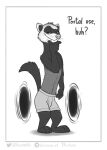  2021 anthro clothing comic digital_drawing_(artwork) digital_media_(artwork) domestic_ferret english_text greyscale hi_res humor innuendo looking_at_viewer male mammal monochrome mustela mustelid musteline narrowed_eyes nik159 portal simple_background smile smirk solo standing text thinking thinking_with_portals underwear url white_background 
