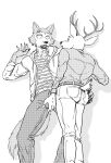  2021 absurd_res anthro anthro_on_anthro antlers beastars belt black_and_white bodily_fluids bottomwear bulge bulge_grab butt butt_grab canid canine canis cervid clothed clothing dress_shirt duo eye_contact ffog hand_on_butt hi_res hoodie horn imminent_sex legoshi_(beastars) looking_at_another louis_(beastars) low-angle_view male male/male mammal monochrome open_clothing open_hoodie open_topwear pants scar shirt simple_background topwear white_background wolf 