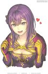  1girl alternate_hair_length alternate_hairstyle armor artist_name bernadetta_von_varley bow breasts cleavage commentary_request english_commentary eyebrows_visible_through_hair fire_emblem fire_emblem:_three_houses gloves gofelem grey_eyes hair_bow heart long_hair mixed-language_commentary open_mouth patreon_username pauldrons purple_gloves purple_hair shoulder_armor simple_background small_breasts solo twitter_username white_background yellow_gloves 