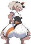  1girl ass barefoot bea_(pokemon) bow breasts dark_skin hair_bow looking_at_viewer looking_back nuezou pokemon pokemon_(game) pokemon_swsh short_hair silver_eyes silver_hair simple_background small_breasts solo squatting white_background 