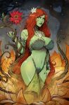  1girl alraune breasts cleavage colored_skin curvy dc_comics devilhs flower green_eyes green_skin hair_flower hair_ornament hand_on_own_thigh highres lips long_hair monster_girl nature navel plant plant_girl poison_ivy red_hair solo tree very_long_hair 