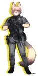  absurd_res anthro canid canine fox fur gun hair hi_res looking_at_viewer male mammal orange_eyes pgm300 pink_hair ranged_weapon solo tan_body tan_fur weapon 