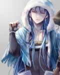  1boy blue_hair bracelet capelet cu_chulainn_(fate)_(all) cu_chulainn_(fate/grand_order) earrings fate/grand_order fate_(series) fur-trimmed_hood fur_trim grey_background hair_strand hood hood_up hooded_capelet jewelry long_hair looking_to_the_side male_focus red_eyes shichimi_(ftlvampire32) shiny simple_background smile solo type-moon 