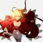  1girl ahoge akamakoto bangs blonde_hair breasts cleavage cleavage_cutout clothing_cutout dress fate/extra fate_(series) green_eyes hair_between_eyes hair_intakes highres large_breasts long_hair looking_at_viewer nero_claudius_(fate) nero_claudius_(fate)_(all) outstretched_arm red_dress thighs 