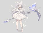  1girl absurdres animal animal_ear_fluff animal_ears arm_behind_back bow breasts bug butterfly choker closed_mouth frills gogoco grey_background grey_hair half-closed_eyes heart highres holding holding_scythe holding_weapon insect large_breasts long_hair original purple_eyes scythe simple_background smile weapon white_bow white_choker white_legwear white_theme 