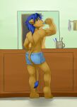  2012 anthro athletic athletic_anthro athletic_male bathroom blue_hair brown_body brown_fur brush brushing brushing_teeth cabinet clothed clothing colored cup detailed_background felid fur geng hair hi_res lion looking_back male mammal mirror pantherine pink_nose rear_view shaded solo tail_tuft toothbrush topless towel towel_only towel_rack tuft 