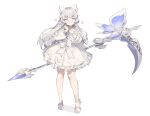  1girl absurdres animal_ear_fluff animal_ears arm_behind_back bow breasts choker closed_mouth frills gogoco grey_hair half-closed_eyes heart highres holding holding_scythe holding_weapon large_breasts long_hair original purple_eyes scythe simple_background smile solo weapon white_background white_bow white_choker white_legwear white_theme 