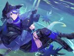  1girl animal_ears arknights bangs belt black_footwear blue_eyes blue_hair blue_jacket commentary_request glaucus_(arknights) hair_between_eyes holding holding_weapon hood jacket long_sleeves multicolored_hair parted_lips sasa_onigiri sea_slug solo streaked_hair thighhighs underwater weapon 