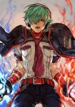  1boy aura bandages belt black_jacket blue_fire capelet choker fingerless_gloves fire gloves green_hair hair_over_one_eye headphones high_collar hungry_clicker jacket jacket_on_shoulders male_focus necktie red_belt red_eyes shun&#039;ei solo the_king_of_fighters 