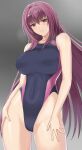  1girl absurdres alternate_costume breasts competition_swimsuit covered_navel cowboy_shot fate/grand_order fate_(series) hair_intakes highleg highleg_swimsuit highres higofushi large_breasts long_hair one-piece_swimsuit purple_hair purple_swimsuit red_eyes scathach_(fate)_(all) scathach_(fate/grand_order) solo swimsuit very_long_hair 