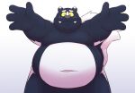  2021 anthro belly black_body black_fur cute_fangs eyes_closed fur humanoid_hands leonthelionel male mammal mephitid navel overweight overweight_anthro overweight_male simple_background skunk solo white_background white_body white_fur 