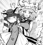  !? 2girls :&lt; ? akehi_yuki animal_ear_fluff animal_ears bangs cat_ears cat_paws cat_tail chen closed_mouth dress fox_tail half-closed_eyes hansoku_tantei_satori hat holding_another long_sleeves looking_at_viewer mob_cap monochrome multiple_girls multiple_tails open_mouth parted_bangs paws pillow_hat short_hair sweat tabard tail touhou two_tails v-shaped_eyebrows wide_sleeves yakumo_ran 