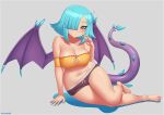  aliasing aqua_eyes aqua_hair barefoot blush breasts cleavage gray kuroonehalf navel original scar short_hair shorts tail watermark wings 