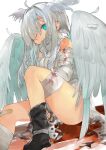  1girl absurdres ahoge angel angel_wings aqua_eyes bandaged_arm bandaged_leg bandages bandaid bandaid_on_knee bandaid_on_leg bare_shoulders black_footwear blood bloody_bandages bloody_clothes closed_mouth eyebrows_visible_through_hair eyes_visible_through_hair feathers glowing hair_over_one_eye head_wings highres long_hair niseneko_(mofumofu_ga_ienai) original pool_of_blood puddle simple_background solo torn torn_clothes white_background white_hair wings 