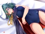  1girl black_cape blue_swimsuit blush breasts cape eyepatch green_eyes green_hair hat highres kantai_collection kiso_(kantai_collection) lying nose_blush on_back one-piece_swimsuit remodel_(kantai_collection) sailor_hat school_swimsuit sebunsu short_hair small_breasts solo swimsuit white_headwear 