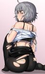  1girl ahoge ass bare_shoulders black_bra black_legwear black_skirt bra bracelet breasts chain collar eyeliner fate/grand_order fate_(series) from_behind full_body grey_hair half-closed_eyes highres jeanne_d&#039;arc_(alter)_(fate) jeanne_d&#039;arc_(fate)_(all) jewelry kevbot looking_at_viewer looking_back makeup mole mole_under_eye no_panties off_shoulder pencil_skirt short_hair silver_hair simple_background skirt skirt_lift solo spiked_bracelet spiked_collar spikes thick_eyebrows torn_clothes torn_legwear underwear white_background yellow_eyes 