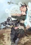  1girl aircraft airplane animal_ears black_ribbon blonde_hair caterpillar_tracks commentary_request gloves green_shirt ground_vehicle hair_ribbon headphones holding holding_weapon kws long_hair long_sleeves magic_circle military military_vehicle motor_vehicle original outdoors ribbon shirt tail tank weapon white_gloves world_witches_series 
