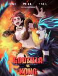  2girls abs absurdres battle blue_eyes breasts chain copyright_name dora-demon emphasis_lines godzilla godzilla_(series) godzilla_vs_kong highres huge_filesize king_kong king_kong_(character) large_breasts monster_girl multicolored_hair multiple_girls open_mouth personification pointy_ears punching red_eyes short_hair shoulder_spikes spikes tail two-tone_hair 