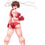  1girl back brown_hair buruma gloves headband kasugano_sakura looking_at_viewer midriff muscular short_hair shu-mai simple_background solo sports_bra street_fighter 