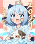  (9) 1girl 2021 ahoge animal_hair_ornament black_bow blue_bow blue_eyes blue_hair blue_kimono blue_sash blush bow chinese_zodiac cirno collarbone commentary_request cow cow_hair_ornament curly_hair do_(4-rt) facepaint fang food food_on_head fruit fruit_on_head glowing glowing_eyes glowing_wings hair_bow hair_ornament hairpin holding hug ice ice_wings japanese_clothes kimono long_sleeves mandarin_orange new_year object_on_head open_mouth raised_eyebrows sash short_hair sidelocks snowflake_print solo touhou translation_request upper_body white_kimono wings year_of_the_ox 