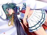  1girl black_cape blush breasts cape eyepatch green_eyes green_hair hat highres kantai_collection kiso_(kantai_collection) lying midriff miniskirt nose_blush on_back pleated_skirt remodel_(kantai_collection) sailor_hat school_uniform sebunsu serafuku shirt short_hair short_sleeves skirt small_breasts solo white_headwear white_shirt white_skirt 