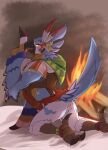  absurd_res all_fours alternate_version_at_source anthro avian beak bed black_body black_feathers blue_body blue_feathers blush breath_of_the_wild brown_body brown_feathers butt claws clothing dragonlove feathered_wings feathers fire furniture hi_res kass_(tloz) looking_back male nintendo open_mouth pupils rear_view rito shaded slit_pupils solo talons the_legend_of_zelda toe_claws topwear video_games white_body white_feathers winged_arms wings yellow_eyes 