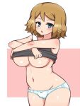  1girl blue_eyes breasts brown_hair cameltoe chro_(rulurullu) large_breasts looking_at_viewer open_mouth panties pokemon pokemon_(anime) pokemon_xy_(anime) serena_(pokemon) shirt_lift short_hair solo underboob underwear undressing 