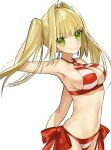  1girl ahoge akamakoto arm_behind_head armpits bangs bare_shoulders bikini blonde_hair breasts cleavage collarbone criss-cross_halter earrings fate/grand_order fate_(series) green_eyes hair_between_eyes hair_intakes halterneck jewelry large_breasts long_hair looking_at_viewer navel nero_claudius_(fate)_(all) nero_claudius_(swimsuit_caster)_(fate) red_bikini side-tie_bikini striped striped_bikini swimsuit thighs twintails 