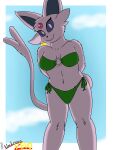  3:4 anthro bikini clothing eeveelution espeon female first_person_view hands_behind_back hi_res looking_at_viewer low-angle_view nintendo pok&eacute;mon pok&eacute;mon_(species) raised_tail sky solo swimwear tagme umbreonvevo video_games 