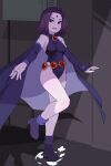  1girl absurdres belt blush bridal_gauntlets cape covered_navel dust dust_cloud fingernails gaishi_yuu gem highres impossible_clothes leotard medium_hair open_mouth purple_cape purple_eyes purple_footwear purple_hair purple_leotard raven_(dc) smile solo teen_titans teeth upper_teeth 