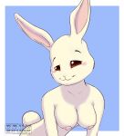  2021 anthro beastars blue_background blush border breasts brown_eyes domestic_rabbit drum_skunk female fur half-length_portrait haru_(beastars) lagomorph leaning leaning_forward leporid looking_at_viewer mammal nipples nude oryctolagus pink_nipples portrait rabbit simple_background smile solo white_body white_border white_fur 