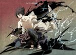  1boy belt black_hair closed_mouth collarbone dated electricity frown hair_between_eyes holding holding_sword holding_weapon male_focus mangekyou_sharingan naruto_(series) naruto_shippuuden red_eyes rope rope_belt scabbard sharingan sheath shirtless signature solo sword uchiha_sasuke unsheathed weapon xxr19911227 