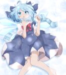  1girl :&lt; ahoge blue_bow blue_dress blue_eyes blue_hair blue_scarf blush bow bowtie cirno clenched_hand commentary_request do_(4-rt) dress eyebrows_visible_through_hair glowing glowing_wings hair_bow hand_to_own_mouth hands_up highres ice ice_wings knees_together_feet_apart lens_flare looking_at_viewer lying open_mouth pinafore_dress puffy_short_sleeves puffy_sleeves red_bow red_neckwear scarf short_hair short_sleeves snow solo strap_slip touhou wings 