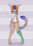  4_toes anthro areola blue_body blue_eyes blue_fur blue_hair breasts brown_body brown_fur brown_nose chest_tuft clothed clothing clothing_lift digitigrade dipstick_tail domestic_cat ear_tuft feet felid feline felis female fur grey_background hair hands_behind_back hi_res inner_ear_fluff komiku_(artist) leg_warmers legwear long_hair looking_at_viewer mammal markings messy_hair multicolored_body multicolored_fur multicolored_hair multicolored_tail navel nipples off_shoulder orange_hair panties pigeon_toed pink_areola pink_nipples shadow shirt shirt_in_mouth shirt_lift simple_background sinni_toivonen_(meggersnuff) solo spots standing star toes topwear tuft two_tone_body two_tone_fur two_tone_hair underwear 